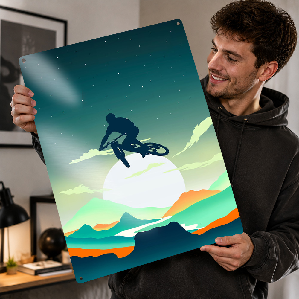 Mountain Biking Europe - マウンテンバイクのテクスチャードポスター、パーソナライズされた金属製のブリキ看板、ダイナミックなスポーツシーンのウォールアートは、ホームジムやフィットネススタジオを引き立てます。